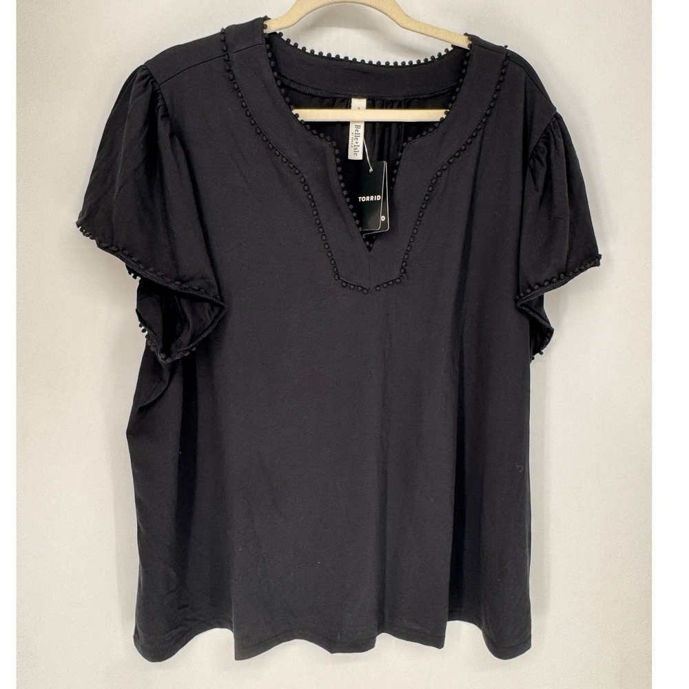 Torrid Knit Top Womens 3X Black NWT Belle Isle Flutter Sleeve Pom Pom Trim